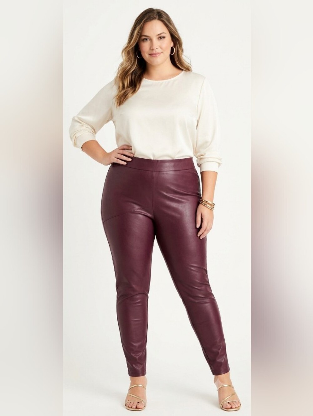 Plus-Size Vegan Leather Pull-On Pants in Burgundy Sz18
